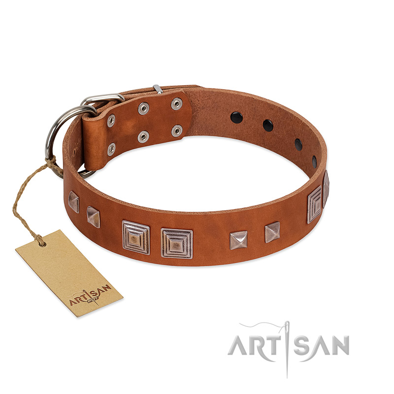 "Egyptian Gifts" Handmade FDT Artisan Tan Leather American Bulldog Collar with Chrome-plated Pyramids