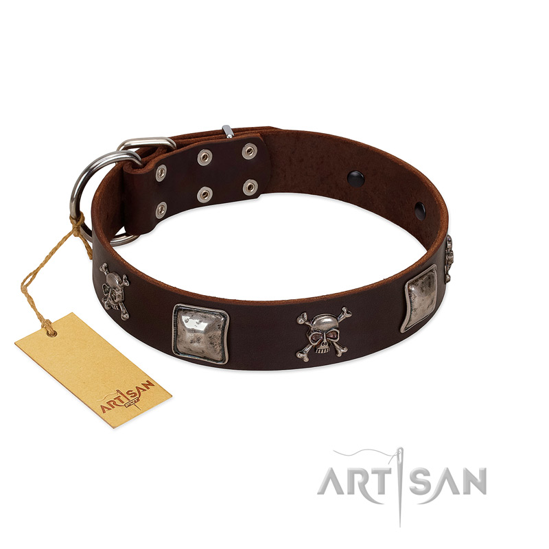"Nut-Brown Finery" Embellished FDT Artisan Brown Leather American Bulldog Collar with Chrome Plated Crossbones and Plates