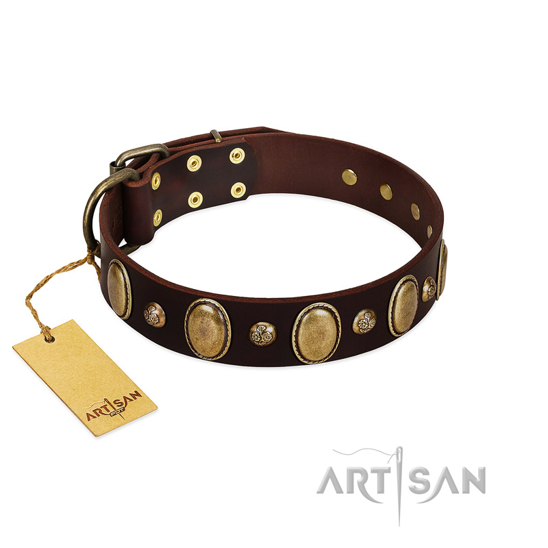 "Natural Grace" FDT Artisan Handmade Decorated Brown Leather American Bulldog Collar