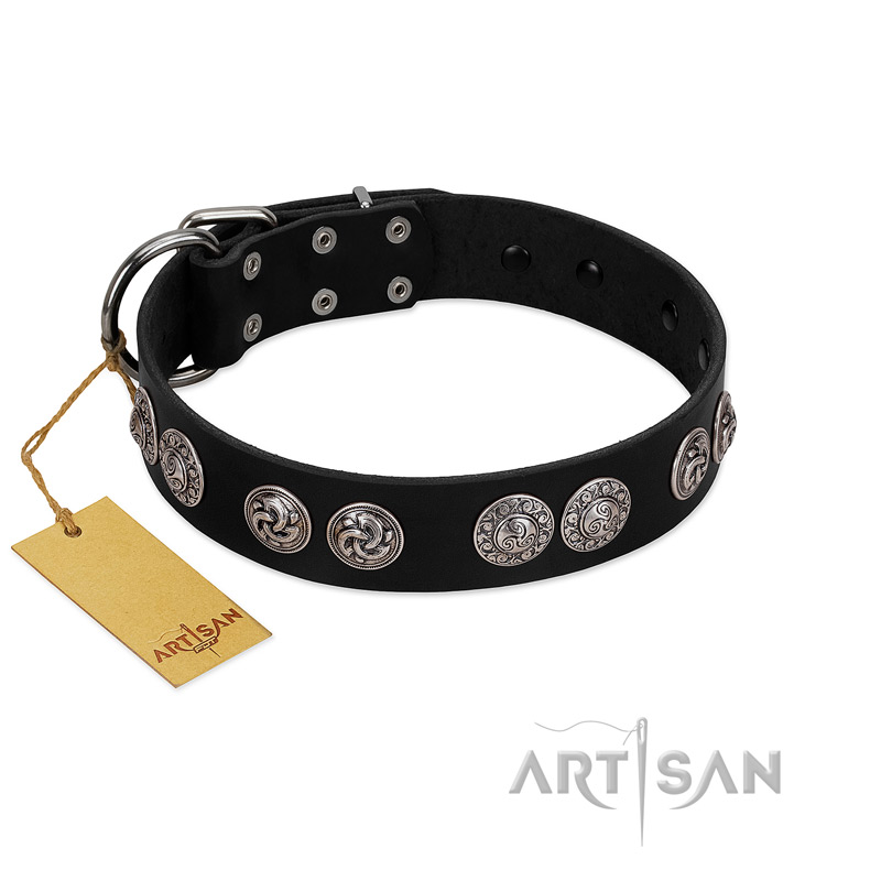 "Magic Amulete" Handcrafted FDT Artisan Black Leather American Bulldog Collar with Chrome-Plated Shields - Click Image to Close