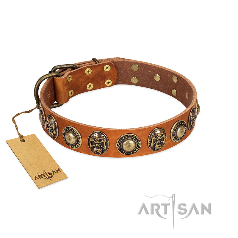 "Golden Epoch" FDT Artisan Tan Leather American Bulldog Collar with Old Bronze-plated Medallions and Conchos