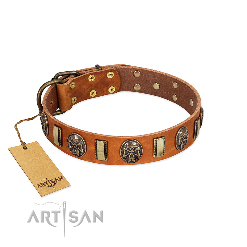 "Strike of Rock" FDT Artisan Tan Leather American Bulldog Collar with Plates and Medallions with Skulls