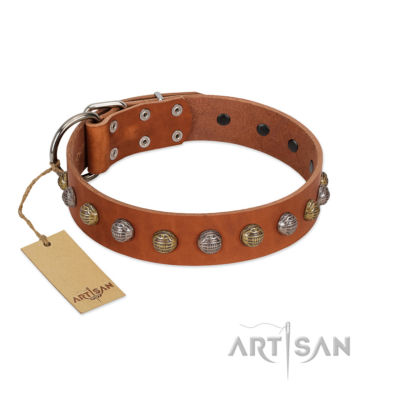 "Dogue-Vogue" FDT Artisan Tan Leather American Bulldog Collar with Engraved Chrome-plated Studs