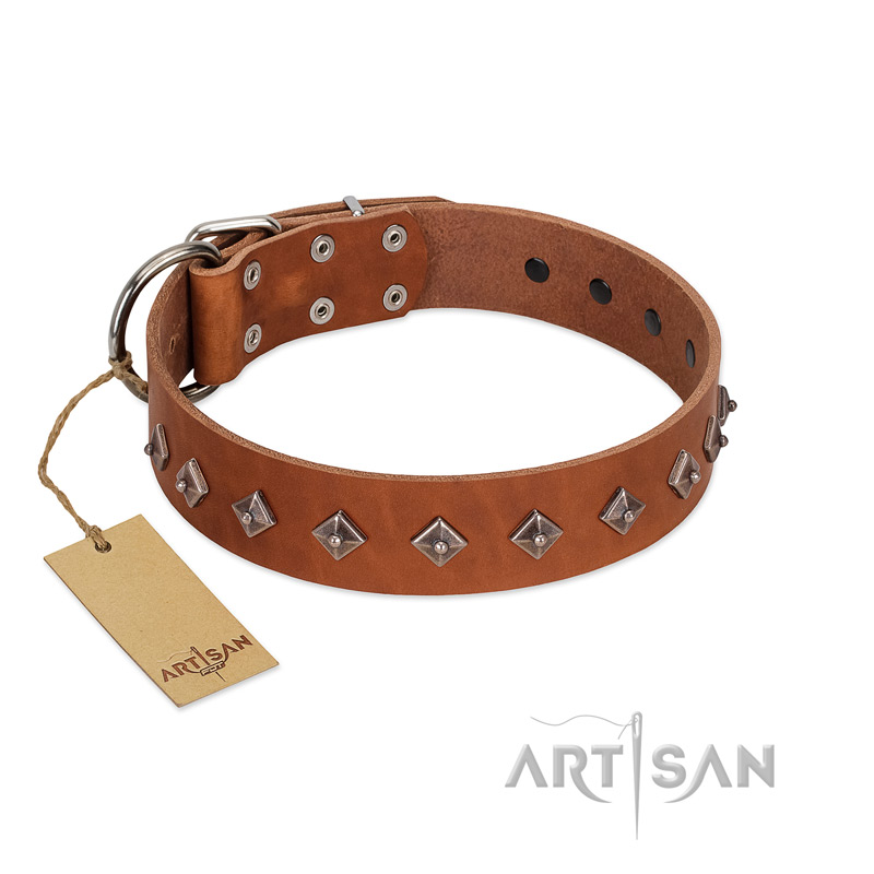 "Broadway" Handmade FDT Artisan Tan Leather American Bulldog Collar with Dotted Pyramids