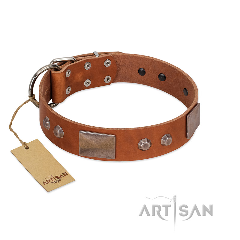 "Great Obelisk" Handcrafted FDT Artisan Tan Leather American Bulldog Collar with Large Plates and Pyramids