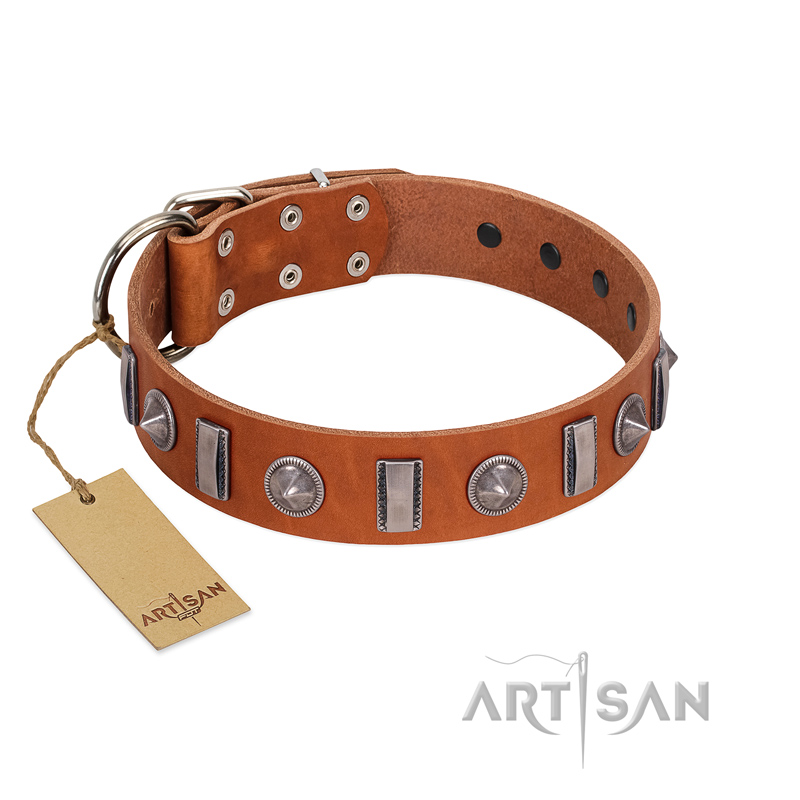"Luxurious Necklace" FDT Artisan Tan Leather American Bulldog Collar with Silver-Like Adornments