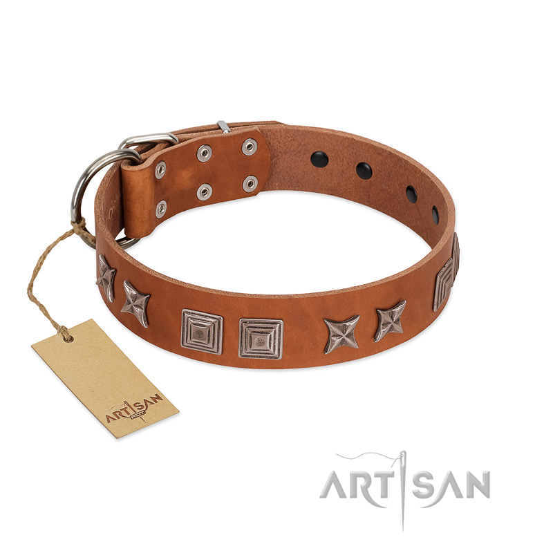 "Antique Figures" FDT Artisan Tan Leather American Bulldog Collar with Silver-like Engraved Plates